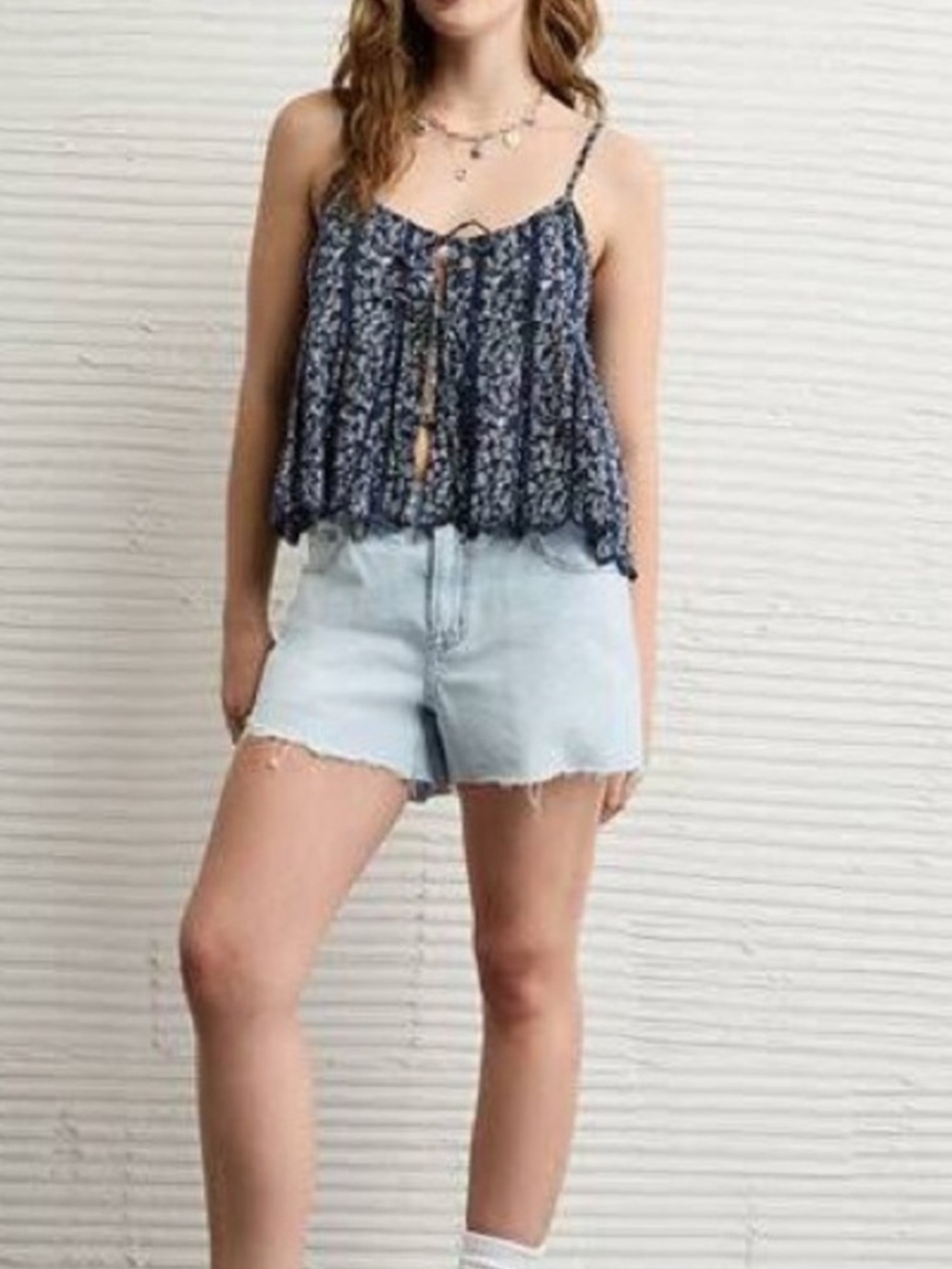 American Eagle Navy Floral Lace-Trim Flowy Cami top